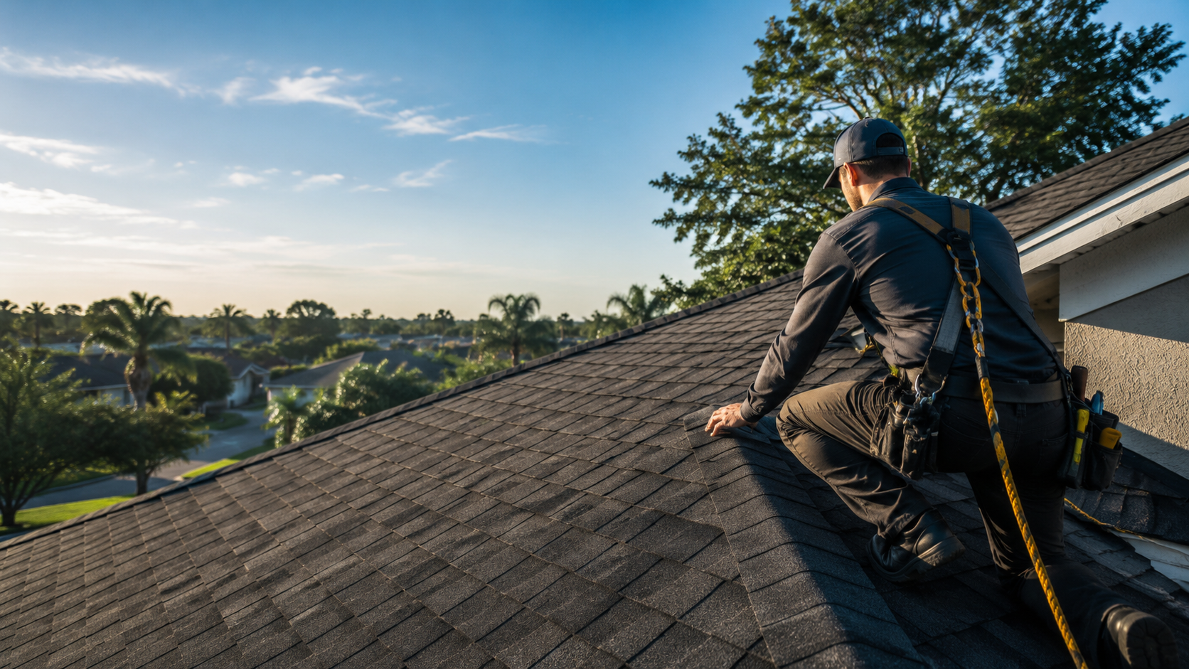 A professional roofer carefully inspecting an asphalt shingle roof on a Florida home